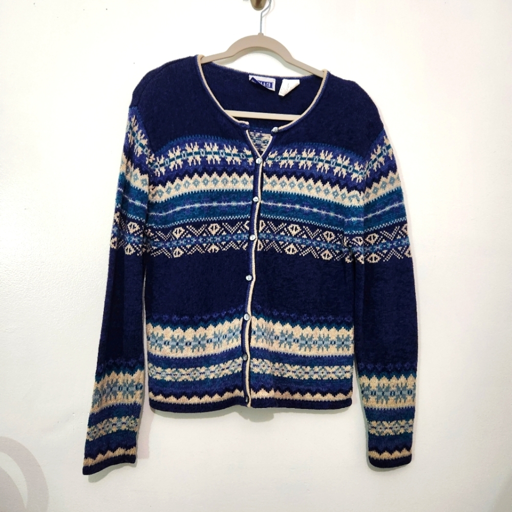 Erika & Co Cotton Ramie Fairisle Nordic Knit Cardigan Medium Blue Tan  Green